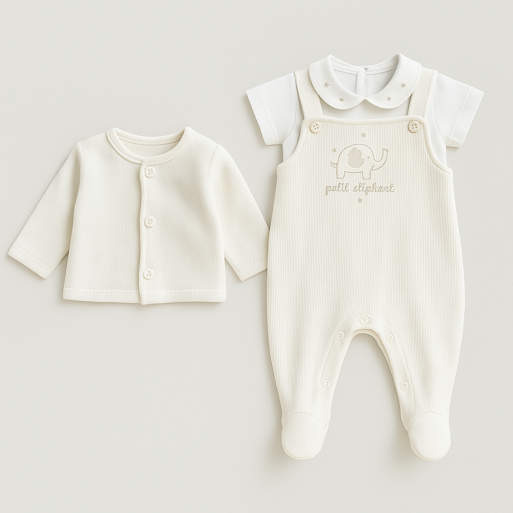 Conjunto Bebê 3 Peças Tricot Bordado Elephant Off White