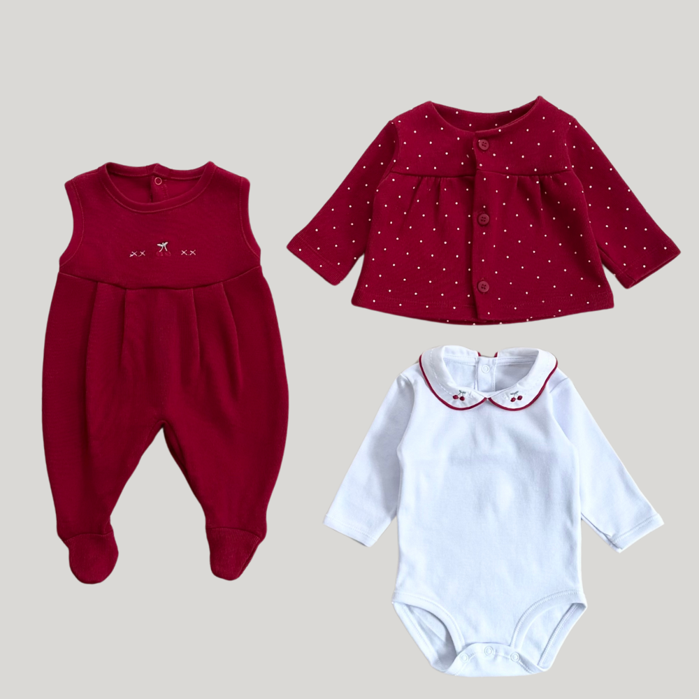 Conjunto Bebê 3 Peças Tricot Bordado Cereja Red